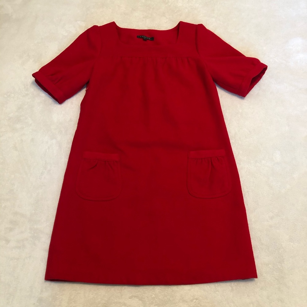 Ingni Red Square Neck Warm Dress with Pockets